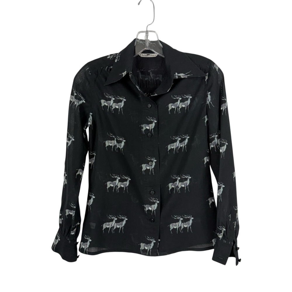 Christian Dior Vintage Deer Print Button Down Shirt Black Designer Luxury Size M - Picture 2 of 7